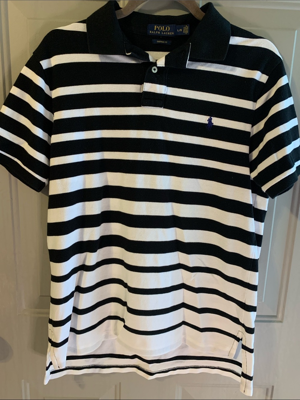 Polo by Ralph Lauren Black & White Striped Polo W/Navy Pony Size Large Like NEW